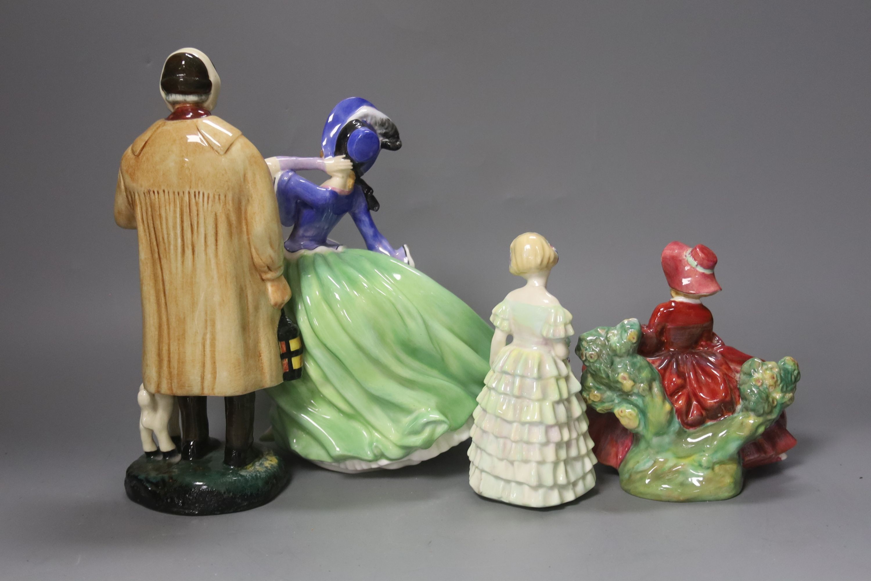 A Royal Doulton Autumn Breezes HN1915, Lydia RN 854481, The Shepherd HN1975 and Little Bridesmaid HN1434, tallest 23cm